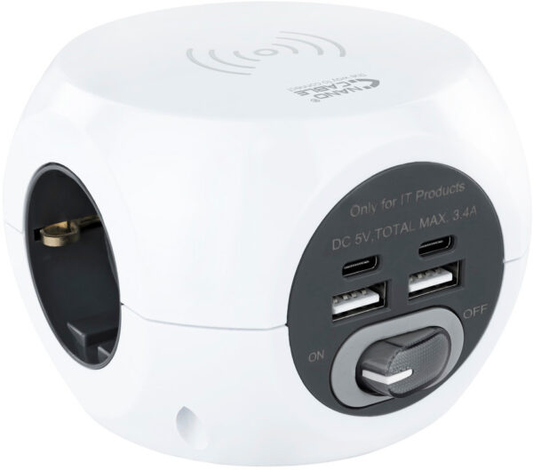 Base 3xEnchufes 2xUSB 2xUSB-C Carga Inalámbrica