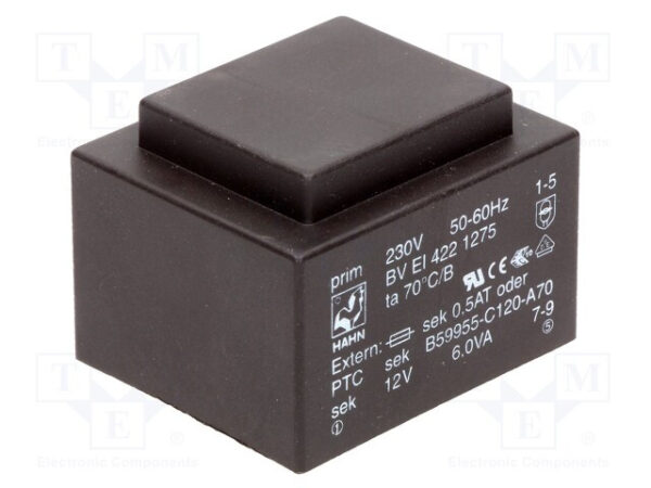 Transformador Encapsulado 12Vac 6VA entrada 230Vac 500mA