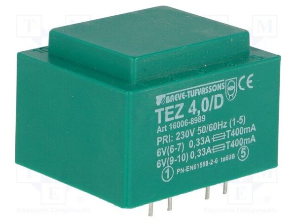 Transformador Encapsulado 6V+6Vac 4VA Entrada 230Vac (TEZ/D/6-6V)