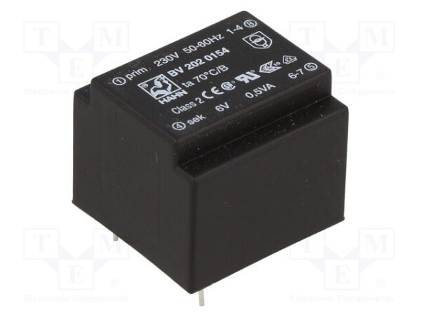 Transformador Encapsulado salida 6Vac 0,5VA entrada 230Vac