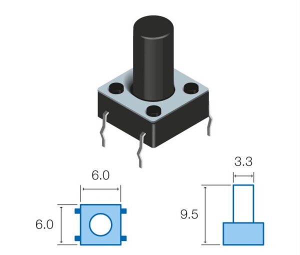 Pulsador Tacto 6x6mm altura total  9,5mm SW075 TACT-69K-F