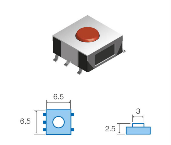Pulsador Tacto SMD 6,5x6,5mm Altura total 2,5mm