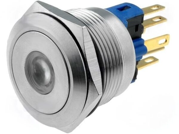 Pulsador/conmutador Antivandalico Luminosidad Azul 12Vdc/ac 3/220Vac ON-(ON)