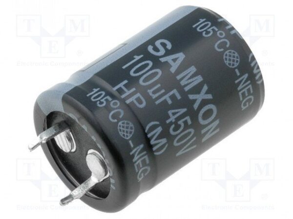 Condensador Electrolitico 100uF 450Vdc 105ºC  22x30mm 2Pin Snap