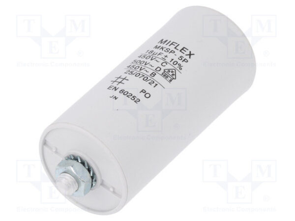 Condensador Motor 18uF 450Vac 40x70mm FASTON + torno M8