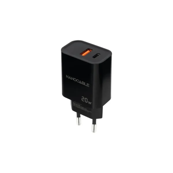 Cargador USB-C/PD USB-A/QC 20W NEGRO NANOCABLE