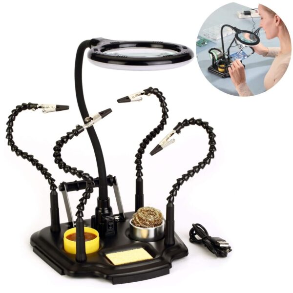 Soporte Flexible 4 Brazos y Pinzas + Lupa con Luz LED