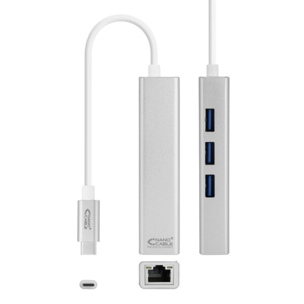 Conversor USB-C a RJ45 Gigabit Hub 3xUSB 3.0 NANOCABLE
